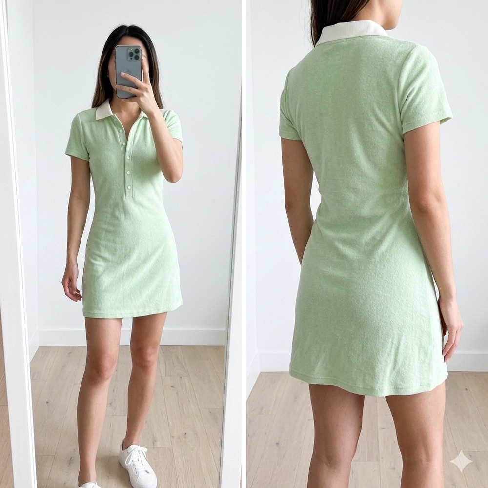 NWT Cider Pastel Mint Green Terry Cloth Polo Mini Dress White Collar Size S
